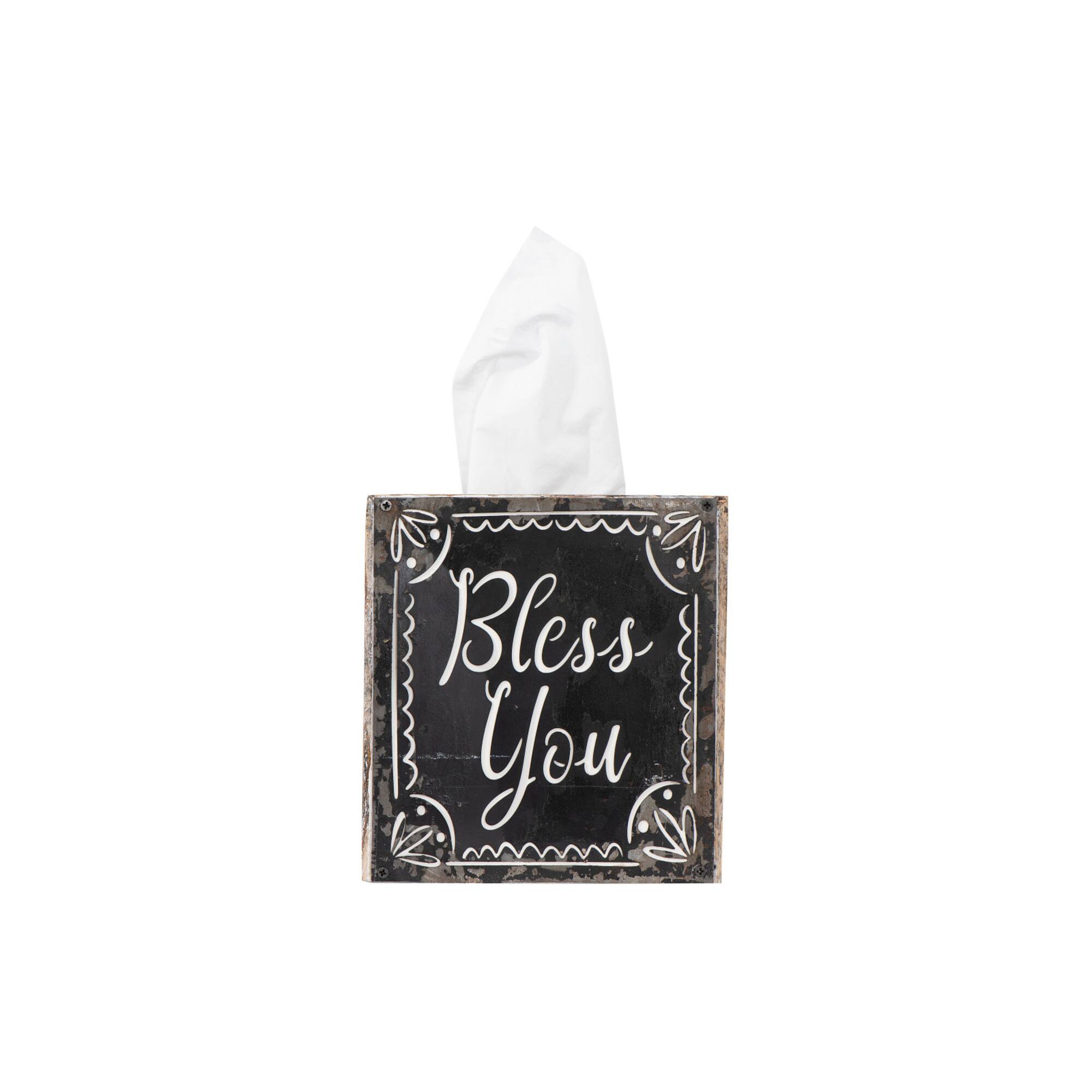 Hello Honey® 6.5" Black & White Bless You Wood Tissue Box